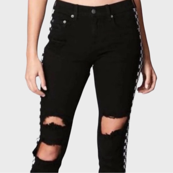 Carmar Side Stripe Jeans Mid Rise Checker Distressed Black White - Picture 7 of 10